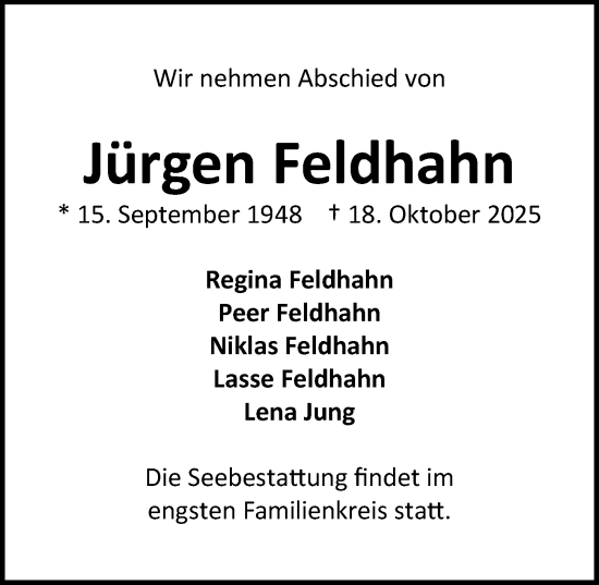Traueranzeige von Jürgen Feldhahn von Lübecker Nachrichten