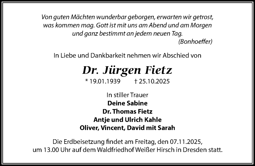  Traueranzeige für Jürgen Fietz vom 03.11.2025 aus Sächsische Zeitung
