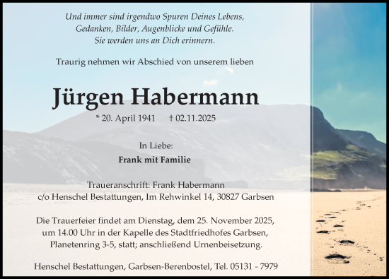 Traueranzeige von Jürgen Habermann von Hannoversche Allgemeine Zeitung/Neue Presse