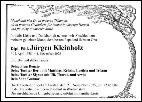 Traueranzeige von Jürgen Kleinholz von Ostsee-Zeitung GmbH