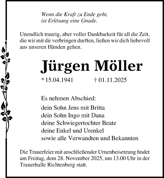 Traueranzeige von Jürgen Möller von Ostsee-Zeitung GmbH