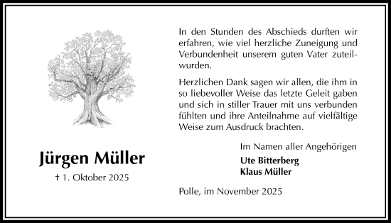Traueranzeige von Jürgen Müller von Täglicher Anzeiger Holzminden