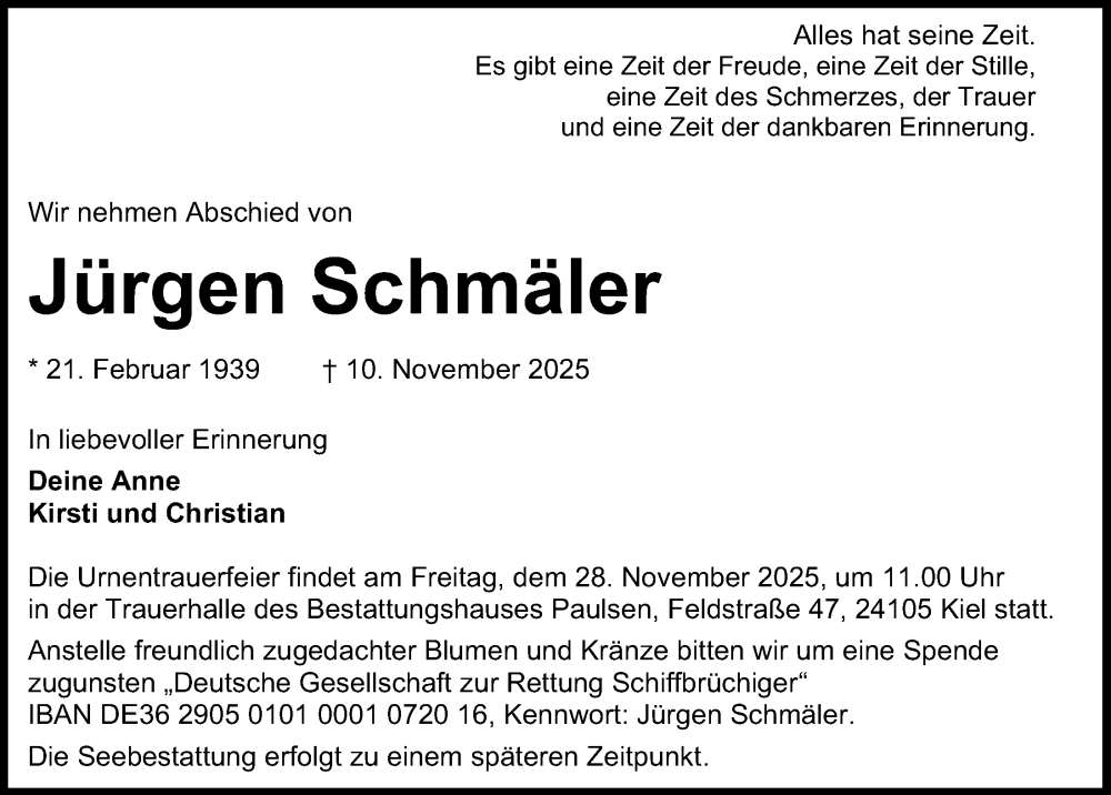  Traueranzeige für Jürgen Schmäler vom 22.11.2025 aus Kieler Nachrichten