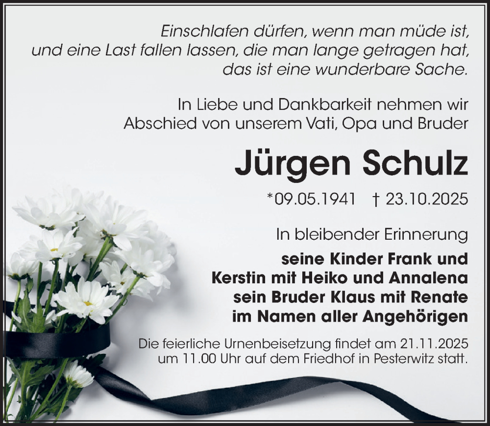  Traueranzeige für Jürgen Schulz vom 08.11.2025 aus Sächsische Zeitung