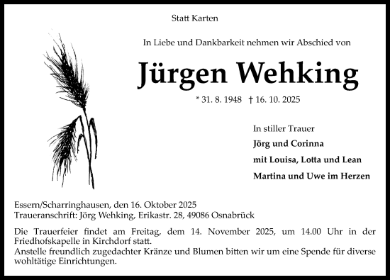 Traueranzeige von Jürgen Wehking von Die Harke