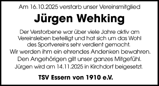 Traueranzeige von Jürgen Wehking von Die Harke
