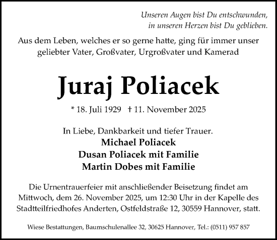 Traueranzeige von Juraj Poliacek von Hannoversche Allgemeine Zeitung/Neue Presse