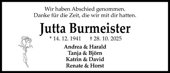 Traueranzeige von Jutta Burmeister von Kieler Nachrichten