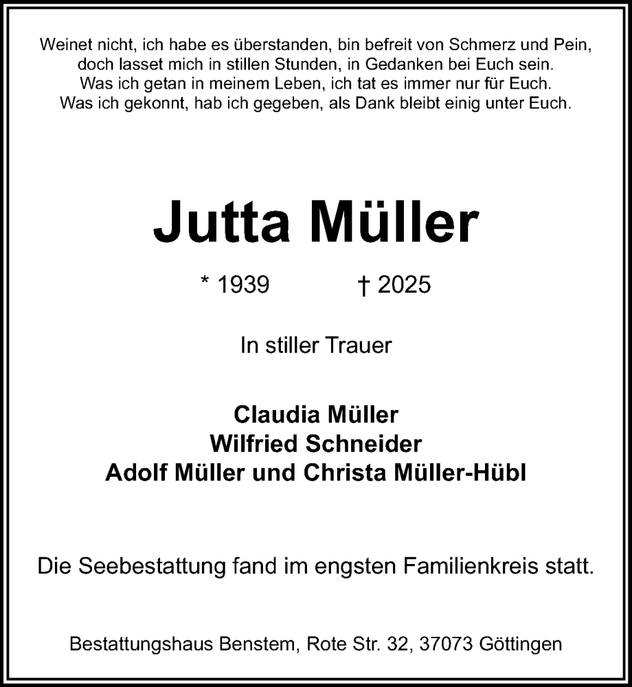  Traueranzeige für Jutta Müller vom 08.11.2025 aus Göttinger Tageblatt