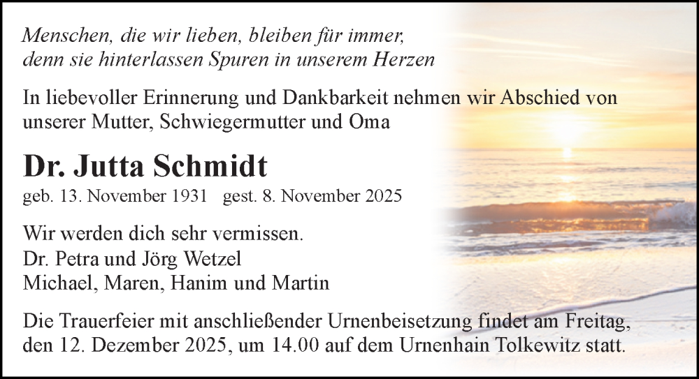  Traueranzeige für Jutta Schmidt vom 15.11.2025 aus Sächsische Zeitung