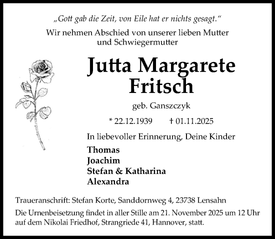 Traueranzeige von Jutta Margarete Fritsch von Hannoversche Allgemeine Zeitung/Neue Presse