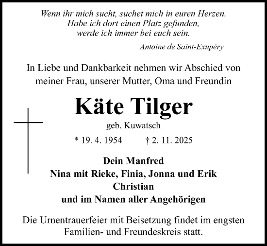 Traueranzeige von Käte Tilger von Kieler Nachrichten