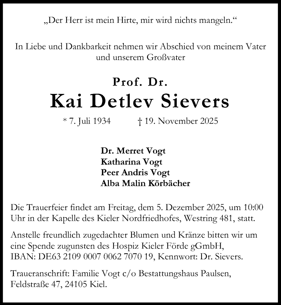  Traueranzeige für Kai Detlev Sievers vom 29.11.2025 aus Kieler Nachrichten