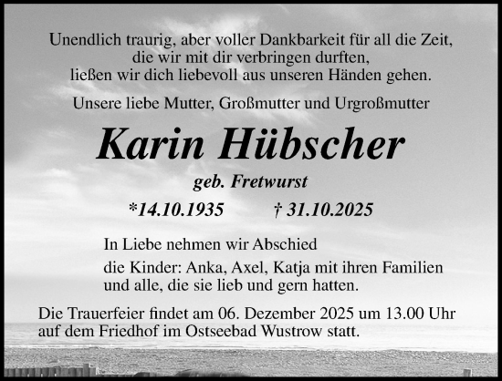 Traueranzeige von Karin Hübscher von Ostsee-Zeitung GmbH