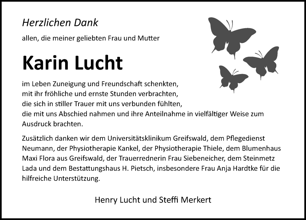  Traueranzeige für Karin Lucht vom 29.11.2025 aus Ostsee-Zeitung GmbH