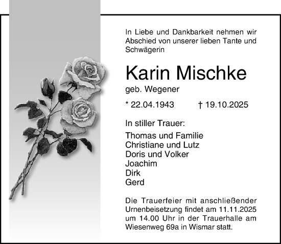 Traueranzeige von Karin Mischke von Ostsee-Zeitung GmbH
