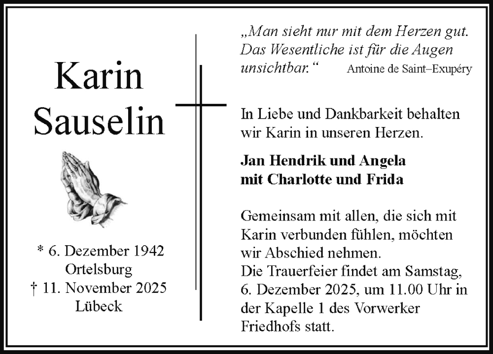  Traueranzeige für Karin Sauselin vom 30.11.2025 aus Lübecker Nachrichten