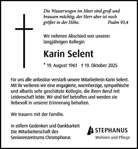 Traueranzeige von Karin Selent von Wochenspiegel