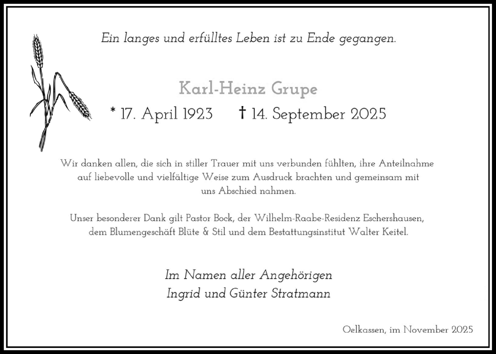  Traueranzeige für Karl-Heinz Grupe vom 08.11.2025 aus Täglicher Anzeiger Holzminden