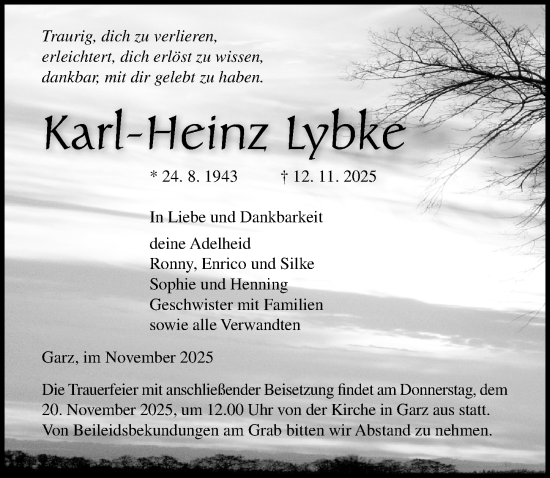 Traueranzeige von Karl-Heinz Lybke von Ostsee-Zeitung GmbH