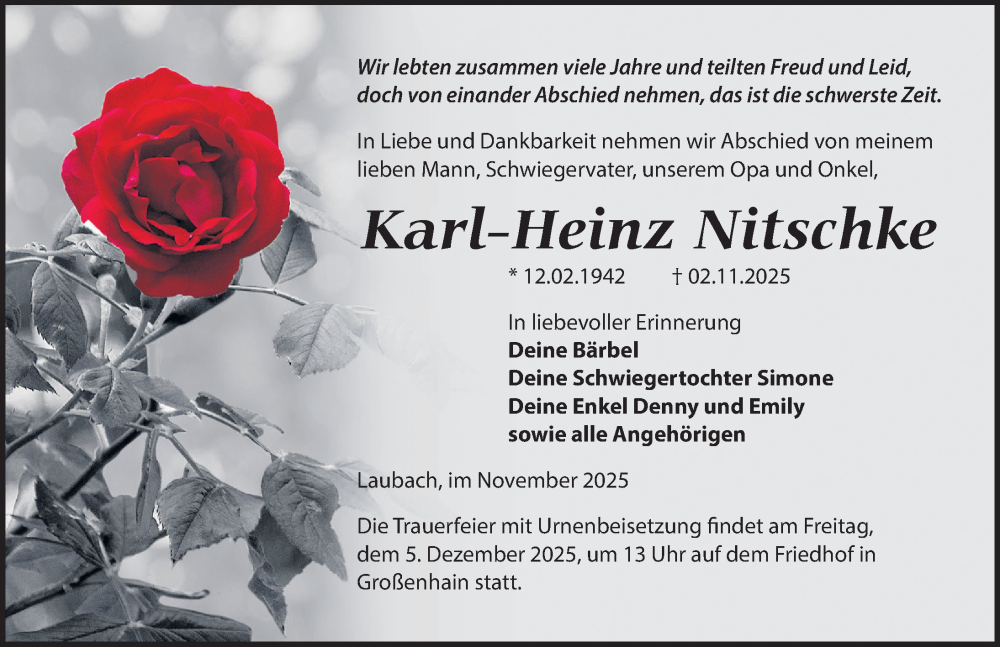  Traueranzeige für Karl-Heinz Nitschke vom 22.11.2025 aus Sächsische Zeitung