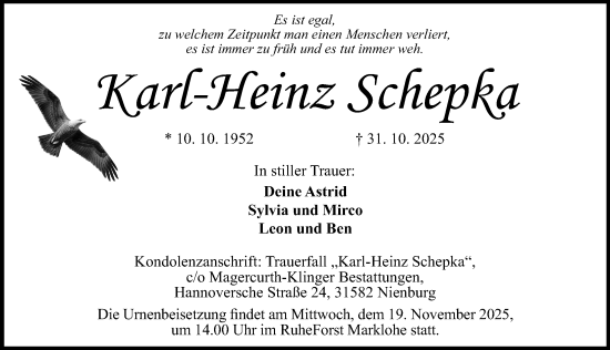 Traueranzeige von Karl-Heinz Schepka von Die Harke