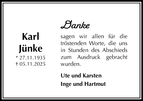 Traueranzeige von Karl Jünke von Täglicher Anzeiger Holzminden