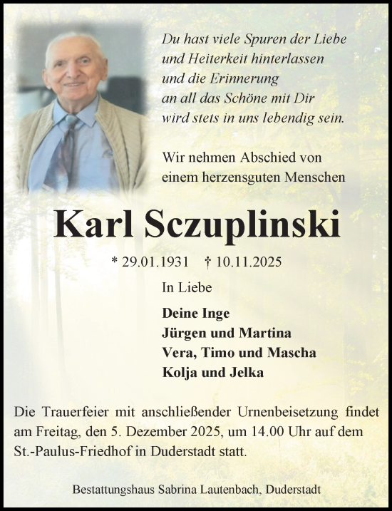 Traueranzeige von Karl Sczuplinski von Eichsfelder Tageblatt