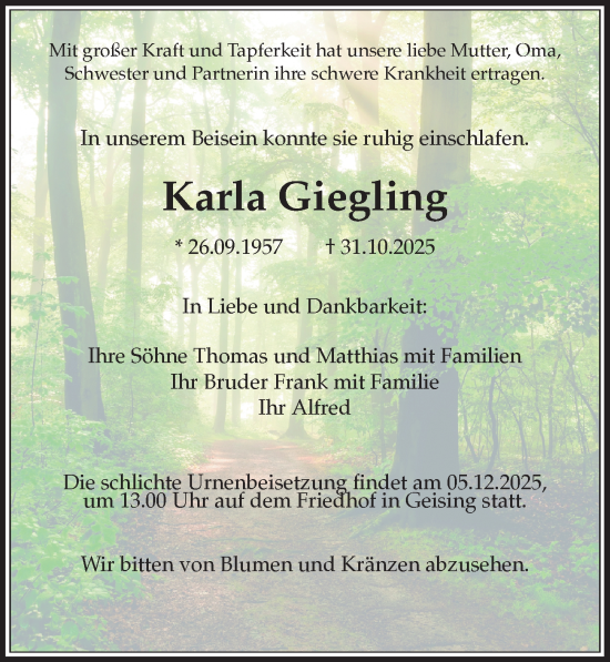 Traueranzeige von Karla Giegling von Sächsische Zeitung
