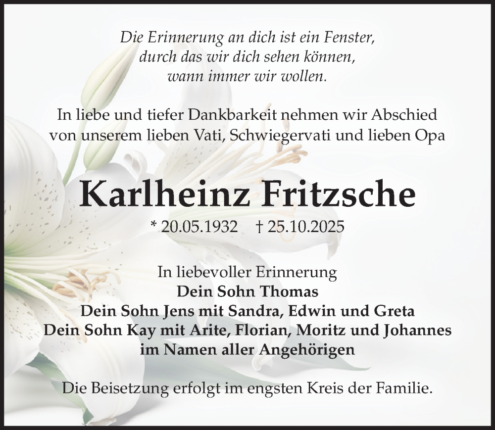  Traueranzeige für Karlheinz Fritzsche vom 08.11.2025 aus Sächsische Zeitung