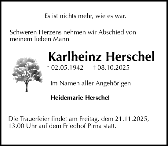 Traueranzeige von Karlheinz Herschel von Sächsische Zeitung