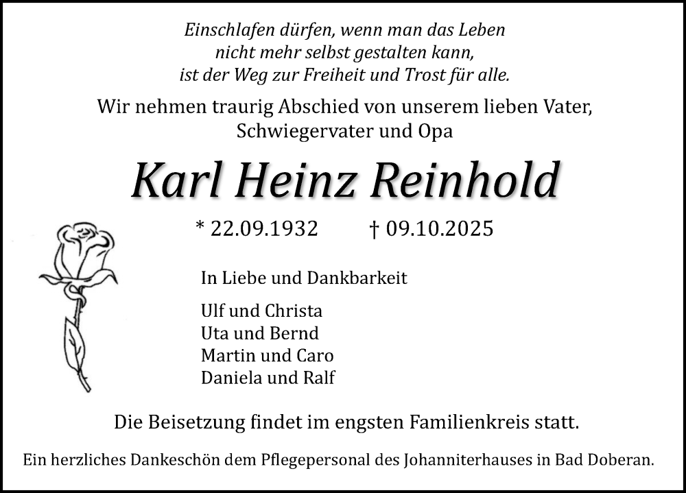  Traueranzeige für Karl Heinz Reinhold vom 22.11.2025 aus Ostsee-Zeitung GmbH