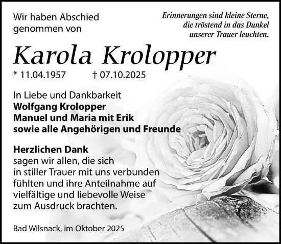 Traueranzeige von Karola Krolopper von Wochenspiegel