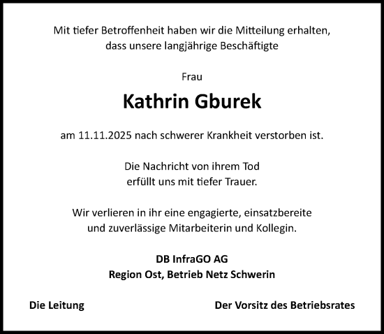 Traueranzeige von Kathrin Gburek von Ostsee-Zeitung GmbH