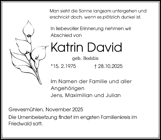 Traueranzeige von Katrin David von Ostsee-Zeitung GmbH