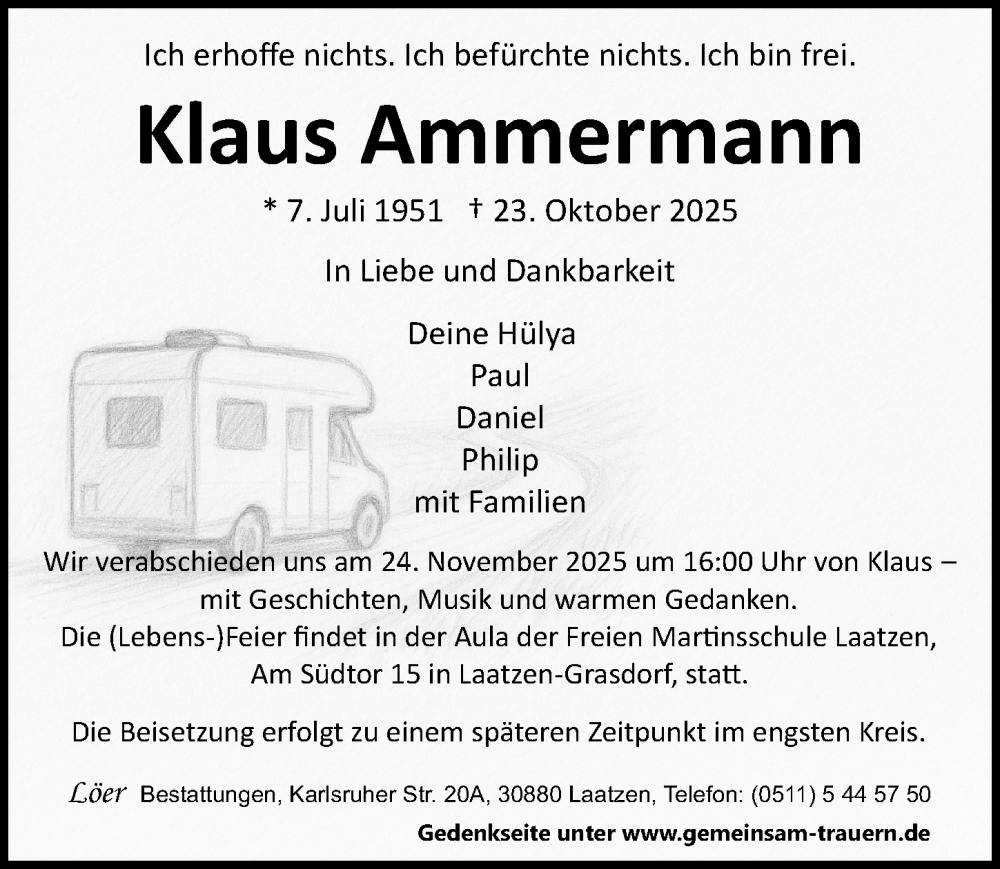  Traueranzeige für Klaus Ammermann vom 08.11.2025 aus Hannoversche Allgemeine Zeitung/Neue Presse