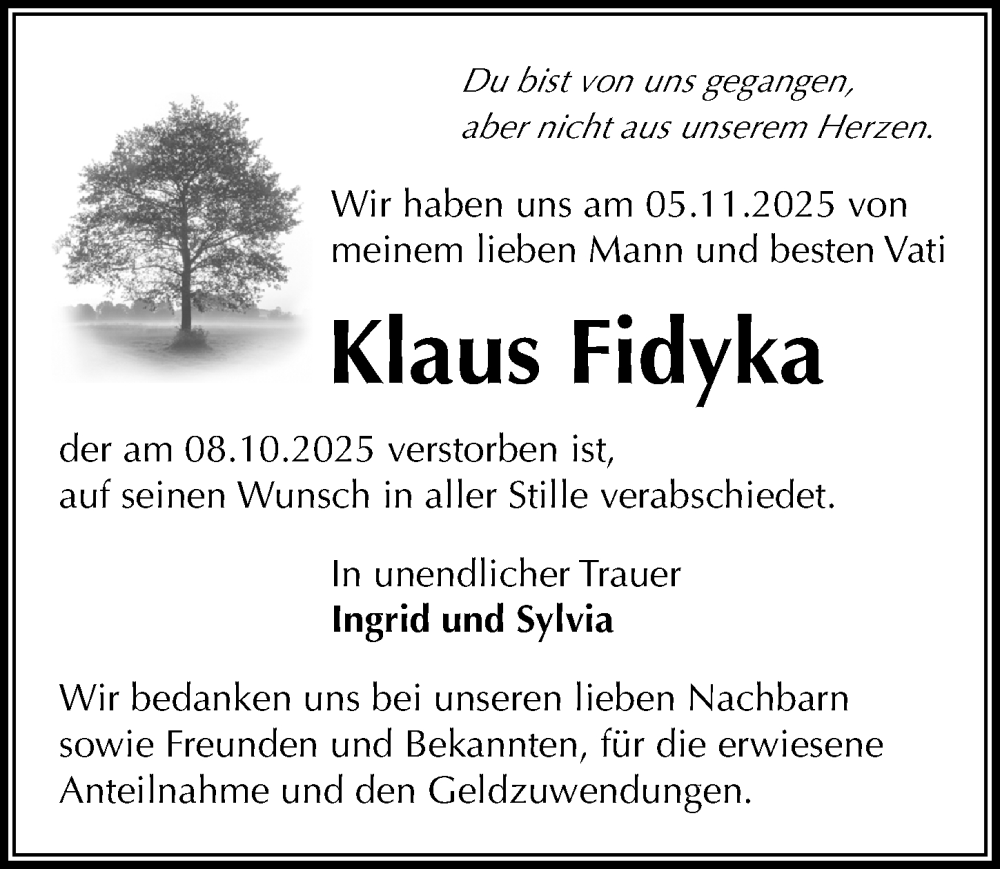  Traueranzeige für Klaus Fidyka vom 08.11.2025 aus Wochenspiegel