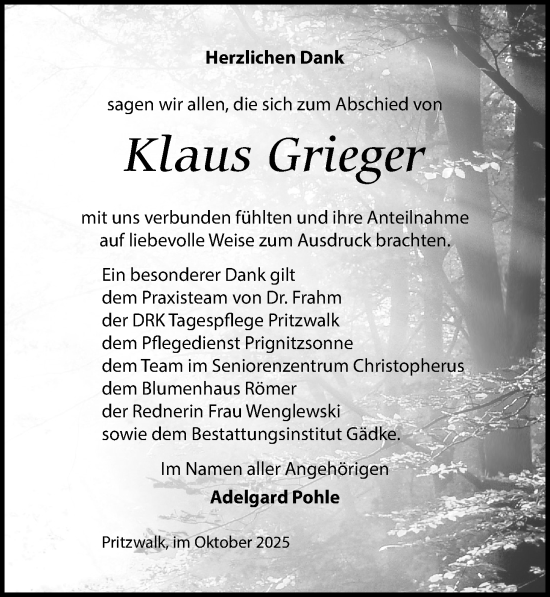 Traueranzeige von Klaus Grieger von Wochenspiegel