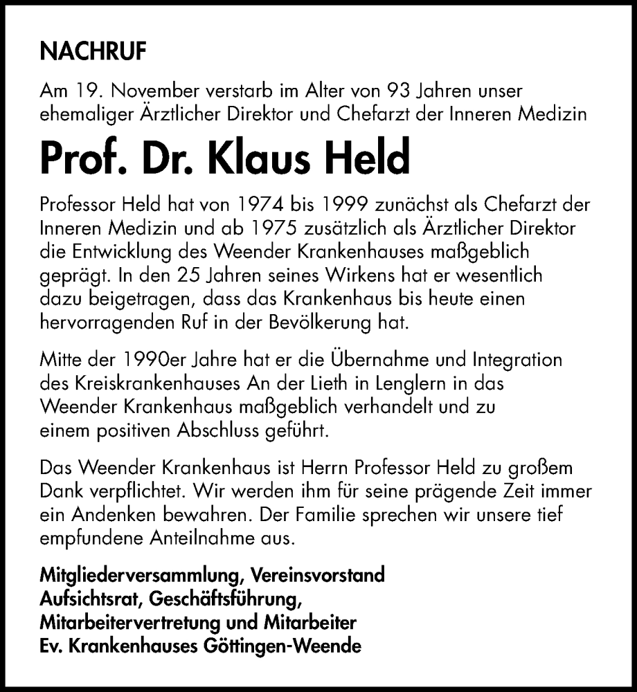  Traueranzeige für Klaus Held vom 29.11.2025 aus Göttinger Tageblatt