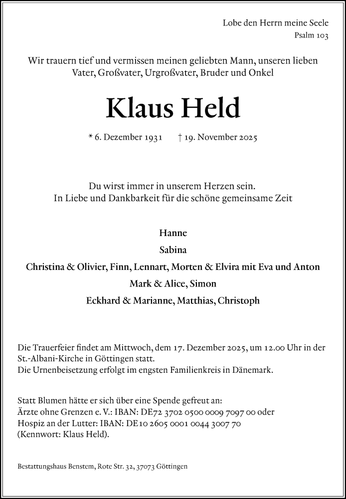 Traueranzeige für Klaus Held vom 29.11.2025 aus Göttinger Tageblatt