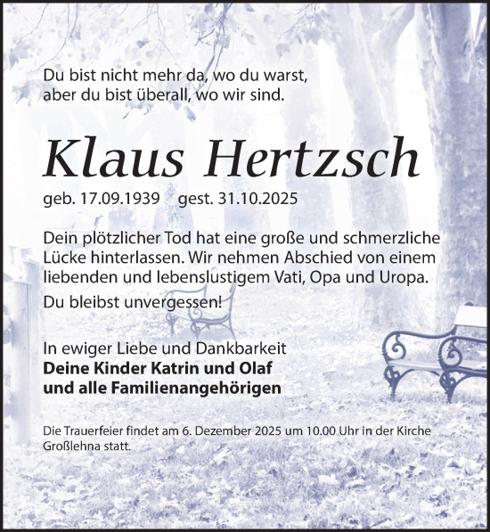 Traueranzeige von Klaus Hertzsch von Leipziger Volkszeitung