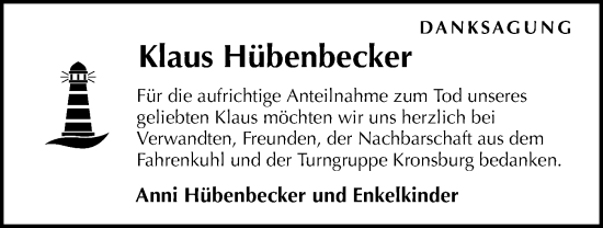 Traueranzeige von Klaus Hübenbecker von Kieler Nachrichten