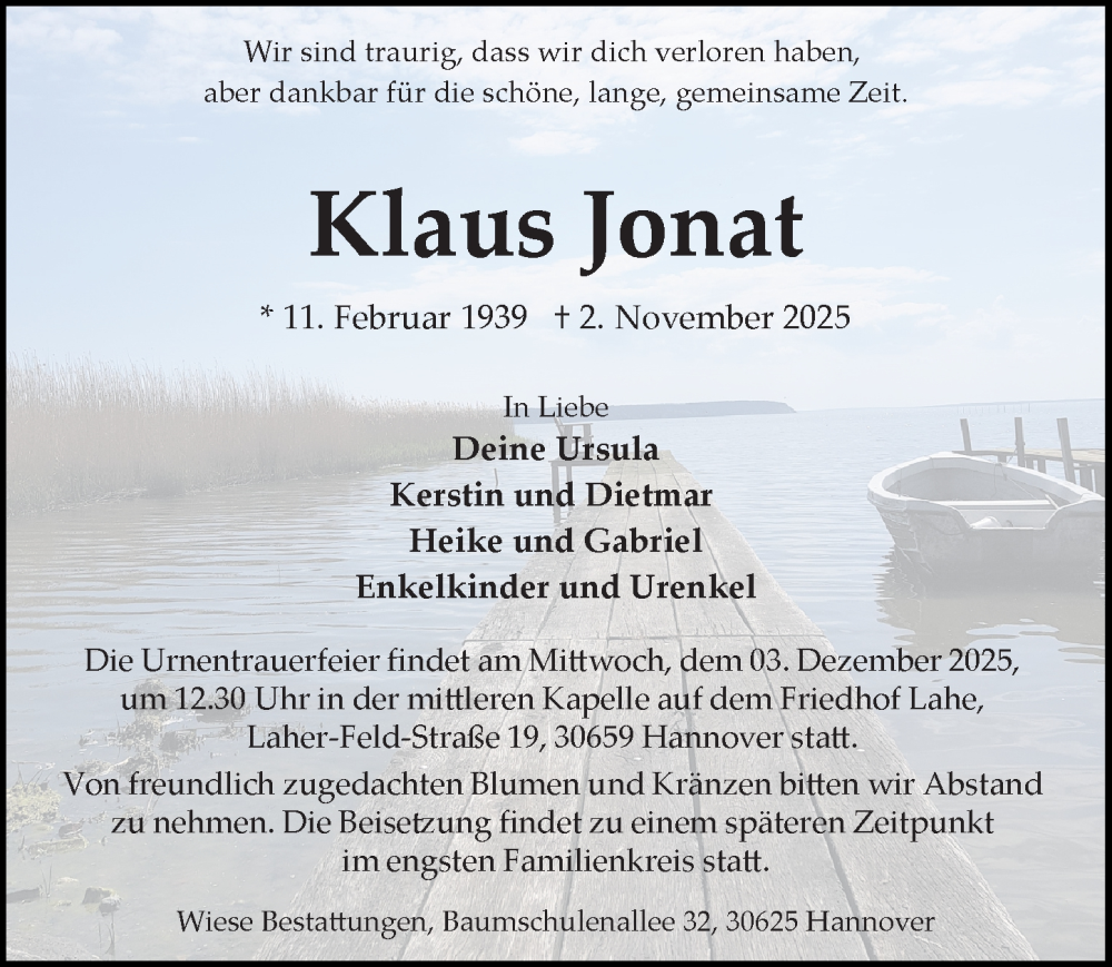  Traueranzeige für Klaus Jonat vom 22.11.2025 aus Hannoversche Allgemeine Zeitung/Neue Presse