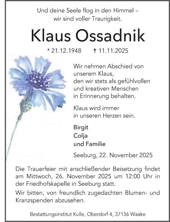 Traueranzeige von Klaus Ossadnik von Göttinger Tageblatt