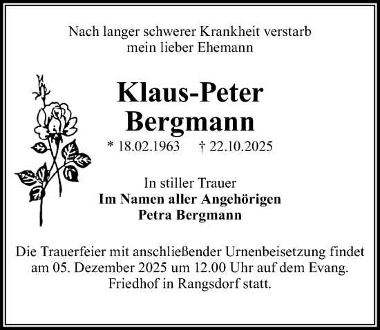 Traueranzeige von Klaus-Peter Bergmann von Märkischen Allgemeine Zeitung