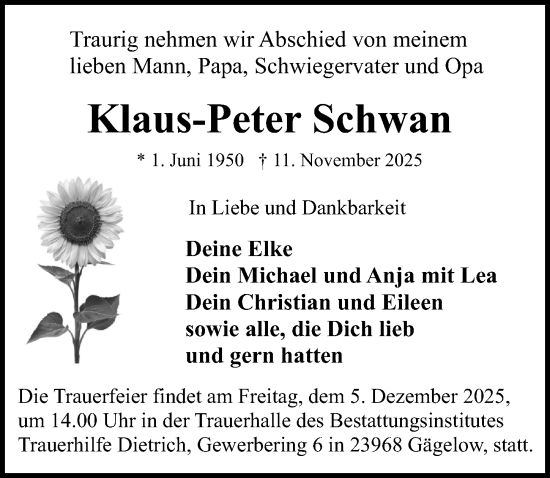 Traueranzeige von Klaus-Peter Schwan von Ostsee-Zeitung GmbH