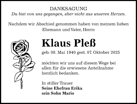 Traueranzeige von Klaus Pleß von Sächsische Zeitung