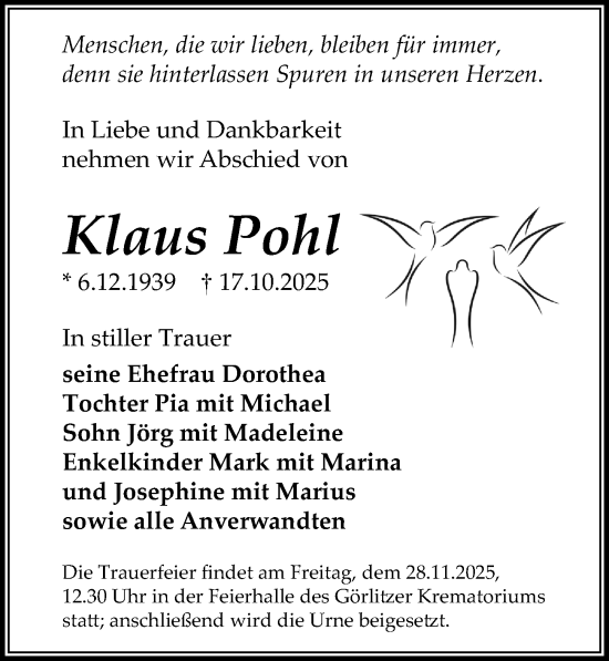 Traueranzeige von Klaus Pohl von Sächsische Zeitung