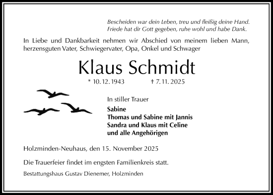 Traueranzeige von Klaus Schmidt von Täglicher Anzeiger Holzminden