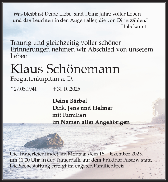 Traueranzeige von Klaus Schönemann von Ostsee-Zeitung GmbH